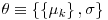 Formula: % MathType!MTEF!2!1!+-
% feaafiart1ev1aaatCvAUfeBSjuyZL2yd9gzLbvyNv2CaerbuLwBLn
% hiov2DGi1BTfMBaeXatLxBI9gBaerbd9wDYLwzYbItLDharqqtubsr
% 4rNCHbGeaGqiVu0Je9sqqrpepC0xbbL8F4rqqrFfpeea0xe9Lq-Jc9
% vqaqpepm0xbba9pwe9Q8fs0-yqaqpepae9pg0FirpepeKkFr0xfr-x
% fr-xb9adbaqaaeGaciGaaiaabeqaamaabaabaaGcbaGaaCiUdiabgg
% Mi6oaacmaabaWaaiWaaeaacqaH8oqBdaWgaaWcbaGaam4Aaaqabaaa
% kiaawUhacaGL9baacaGGSaGaeq4WdmhacaGL7bGaayzFaaaaaa!42AB!
\[
{\mathbf{\theta }} \equiv \left\{ {\left\{ {\mu _k } \right\},\sigma } \right\}
\]
